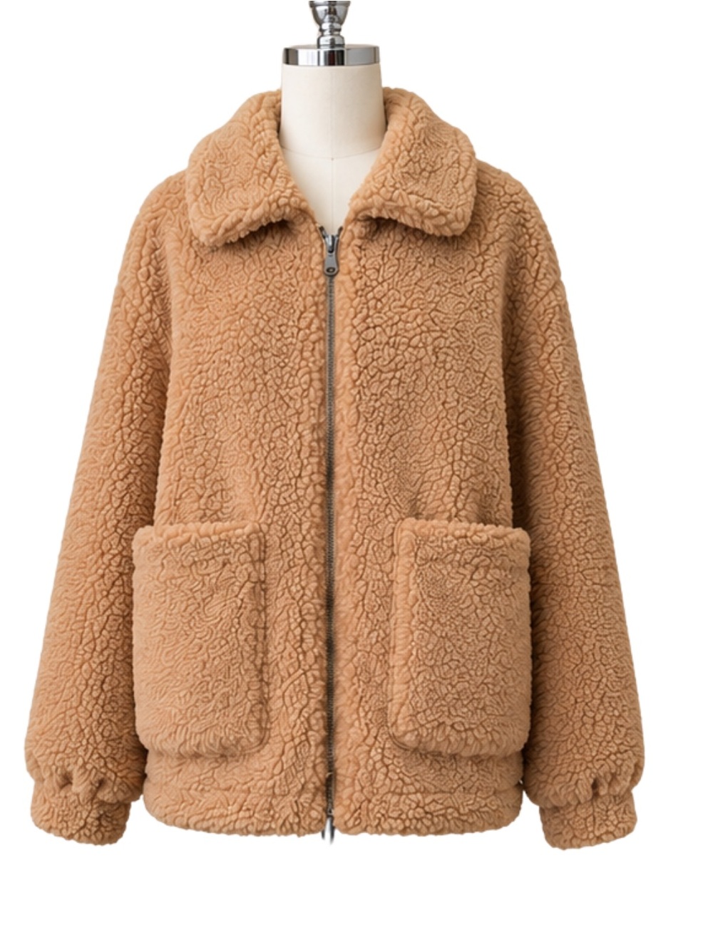 ELODIE Tan Teddy Bear Jacket Size Large Full Zip Sherpa